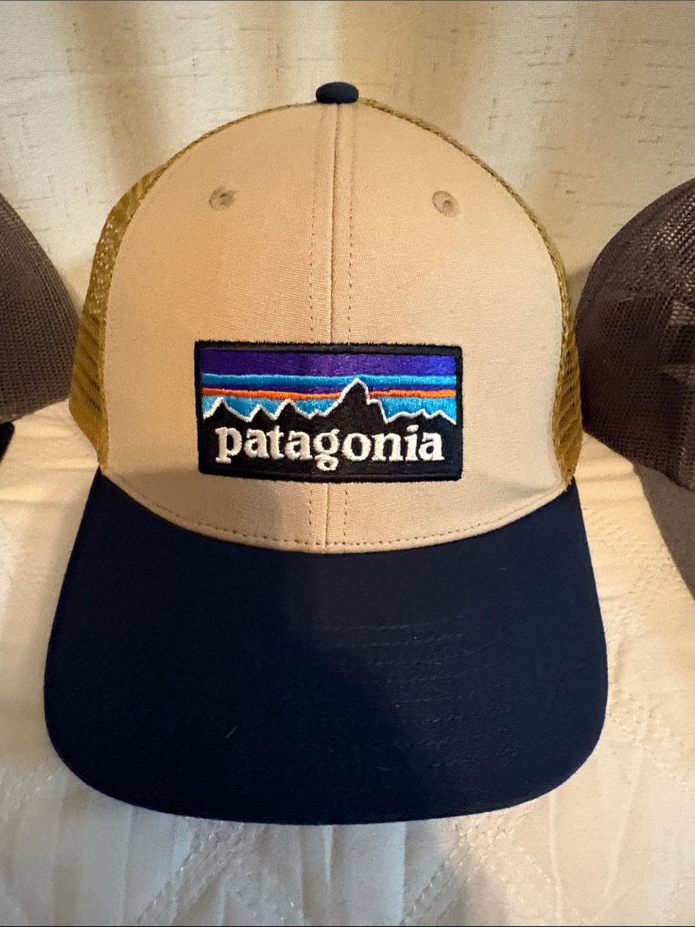Patagonia Two-Tone Trucker Hat in Tan & Navy with Mountain Logo